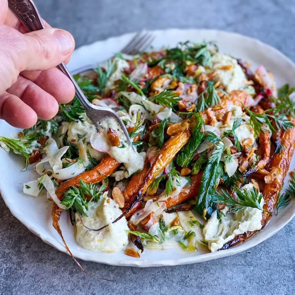 Roast Baby Carrot Salad with Fennel, Smoked Almonds and Spicy Jalapeno, Garlic & Parsley