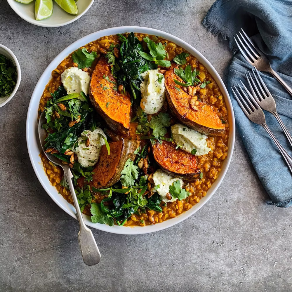 Roast Pumpkin Dhal with Spinach, Spicy Jalapeno, Garlic & Parsley