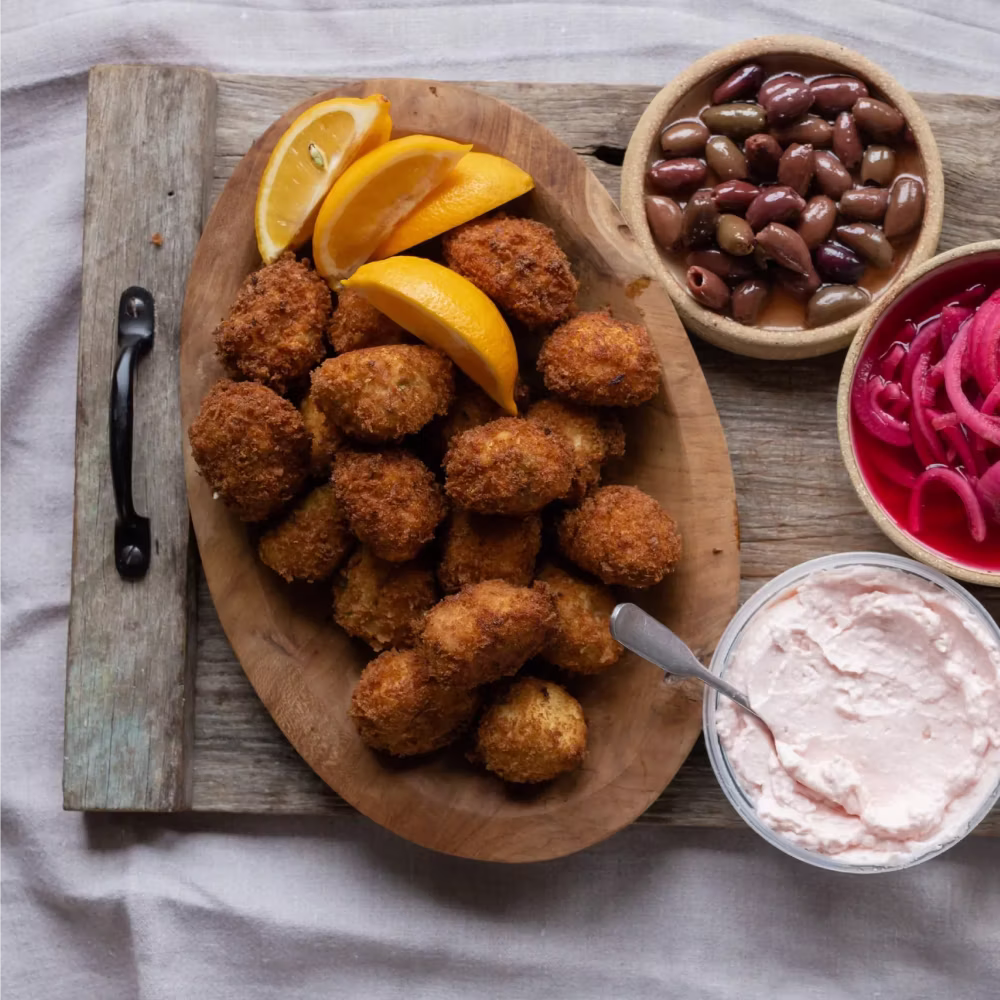 Ham croquettas with taramosalata, olives and pickled onions