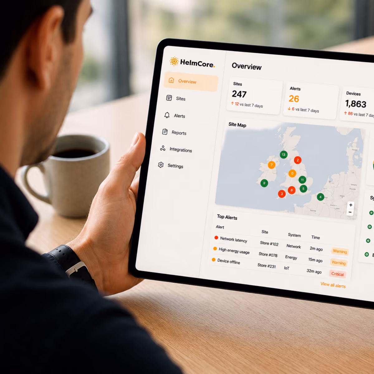 Person holding a tablet displaying HelmCore software dashboard showing an overview with 247 sites, 26 alerts, 1,863 devices, a UK site map with alert status indicators, and a top alerts list including network latency, high energy usage, and device offline with warning and critical statuses.