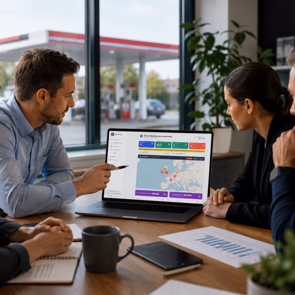 A man in a light blue shirt points with a pen to a laptop screen displaying a dashboard with a map of Europe and data points, while a woman and two others attentively look on in a bright office with large windows and a wooden table with documents, a notebook, a coffee mug, and a phone.