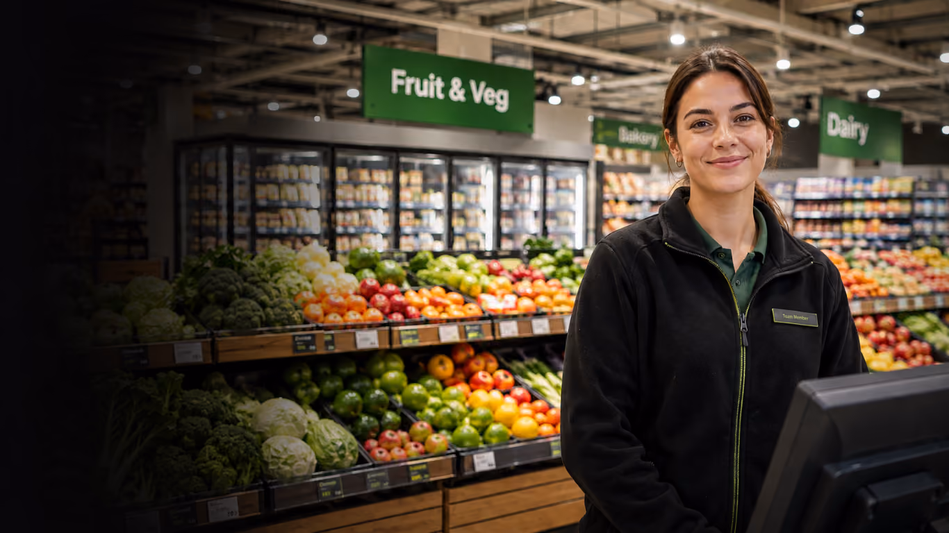 Smiling female grocery store employee standing behind a checkout counter with shelves of fresh fruits and vegetables labeled 'Fruit & Veg' in the background.