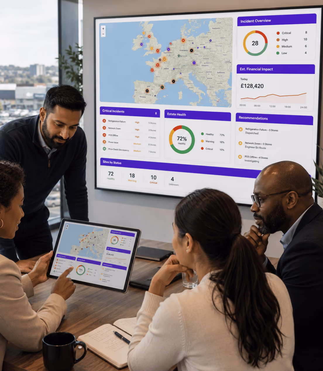 A team in a meeting room reviewing the HelmCore dashboard showing incident markers, critical incidents and site status across the estate