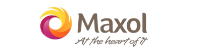 Maxol brand logo with stylized circular swirl in orange, pink, and yellow next to the text 'Maxol' and the tagline 'At the heart of it'.