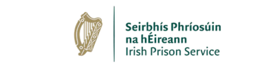 Logo of the Irish Prison Service featuring a gold harp and bilingual text in Irish and English.