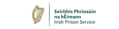 Logo of the Irish Prison Service featuring a gold harp and bilingual text in Irish and English.