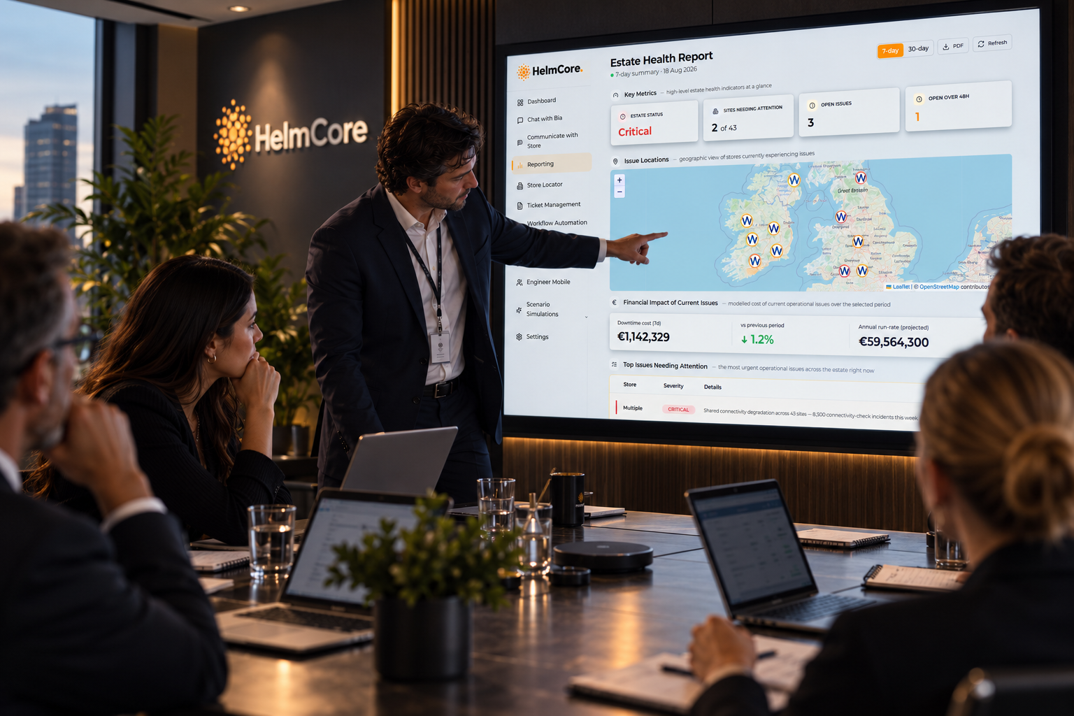 group in boardroom looking at screen. Businessman presenting and looking at the map showing the financial exposure cost of issues
