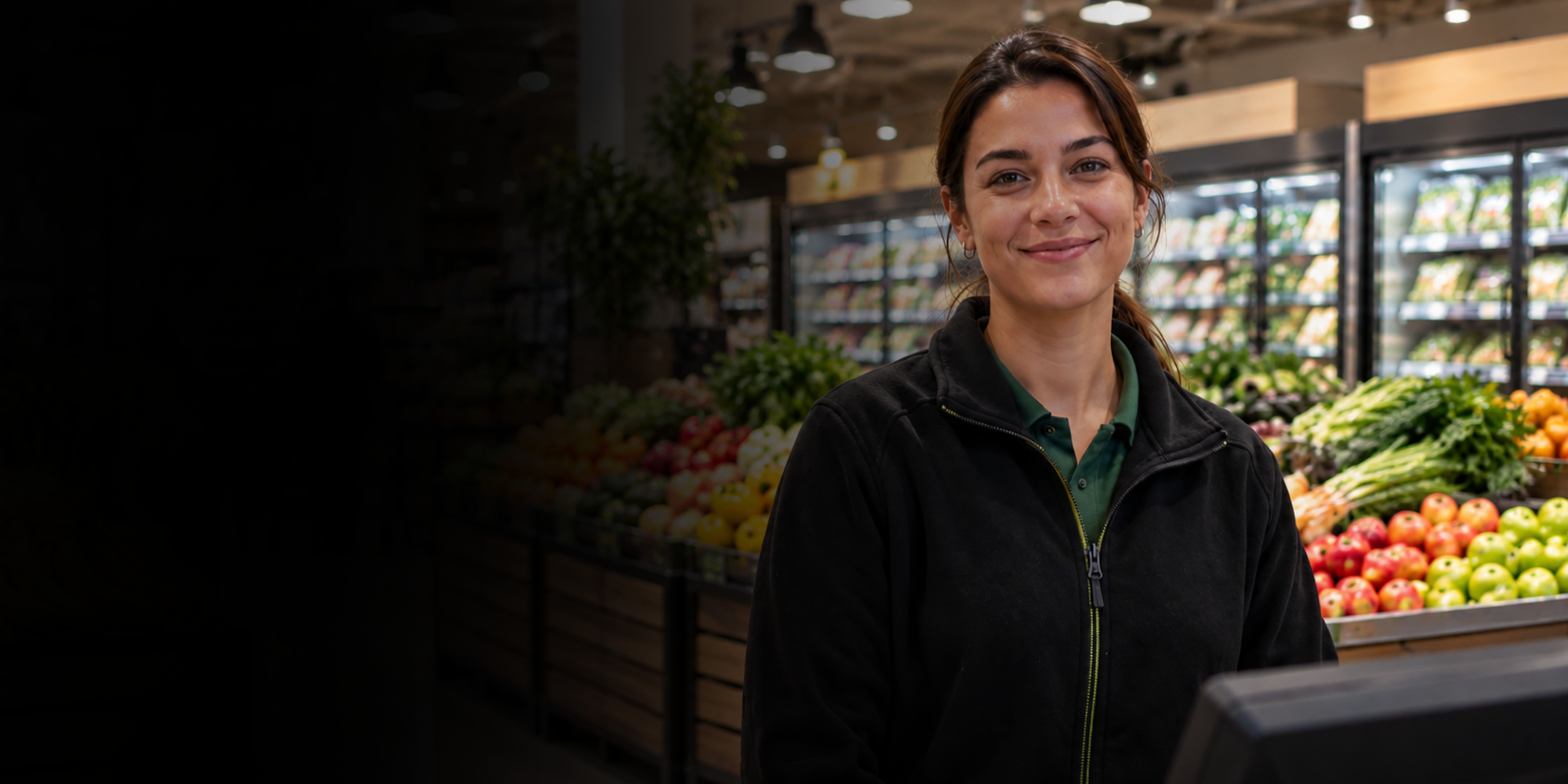 woman standing at a checkout in a retail grocery shop