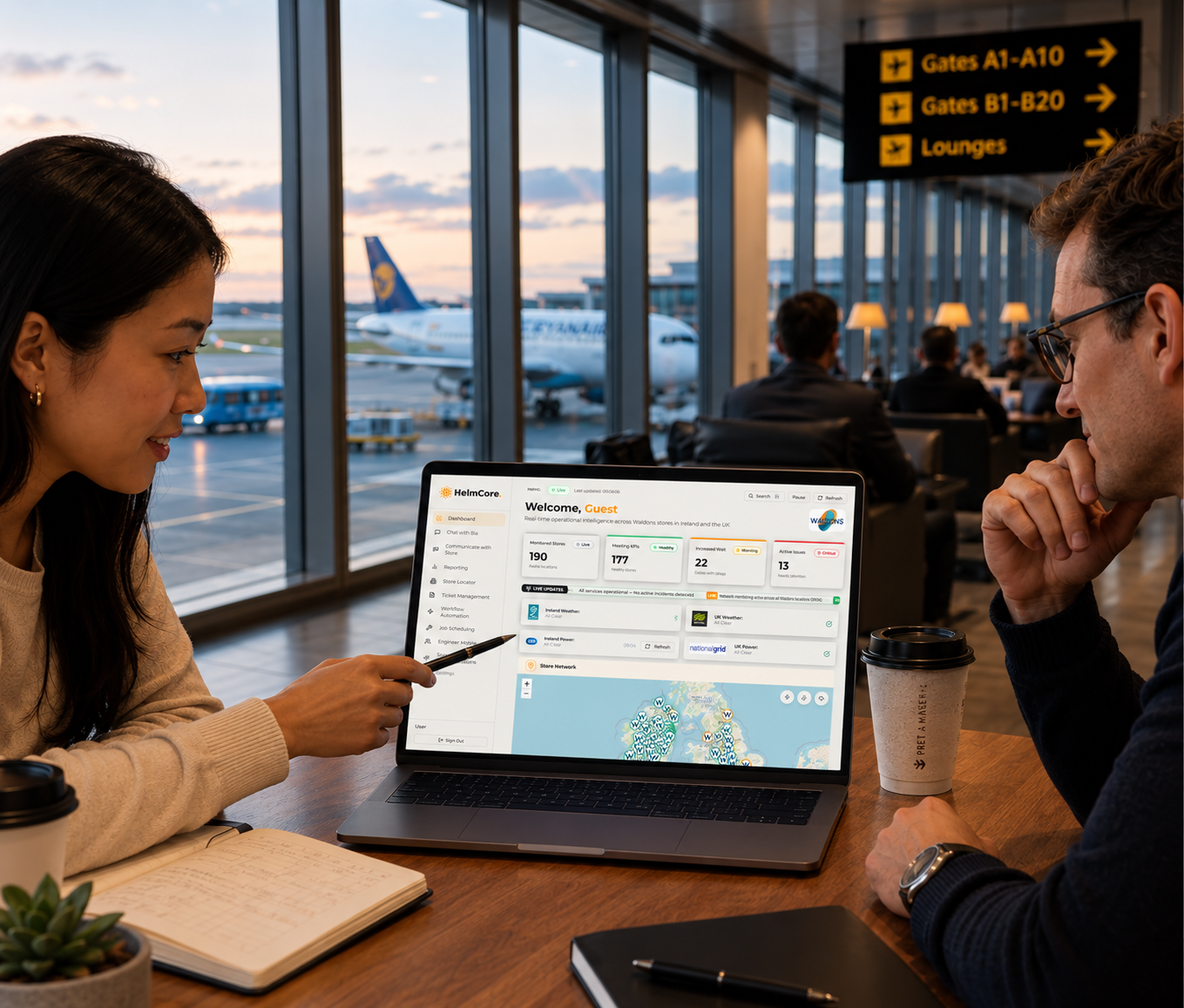 Man and woman in an airport looking at a screen showing their entire estate, with a plane in the background