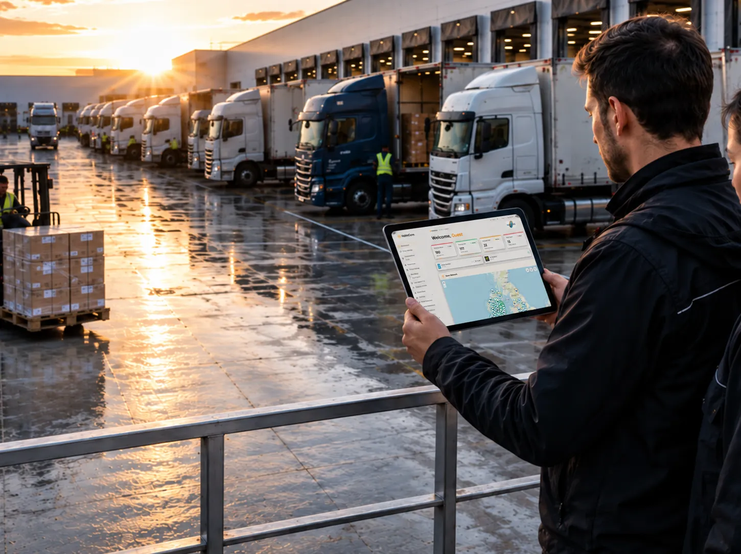 Man working in logistics looking at a depot of trucks while using a tablet