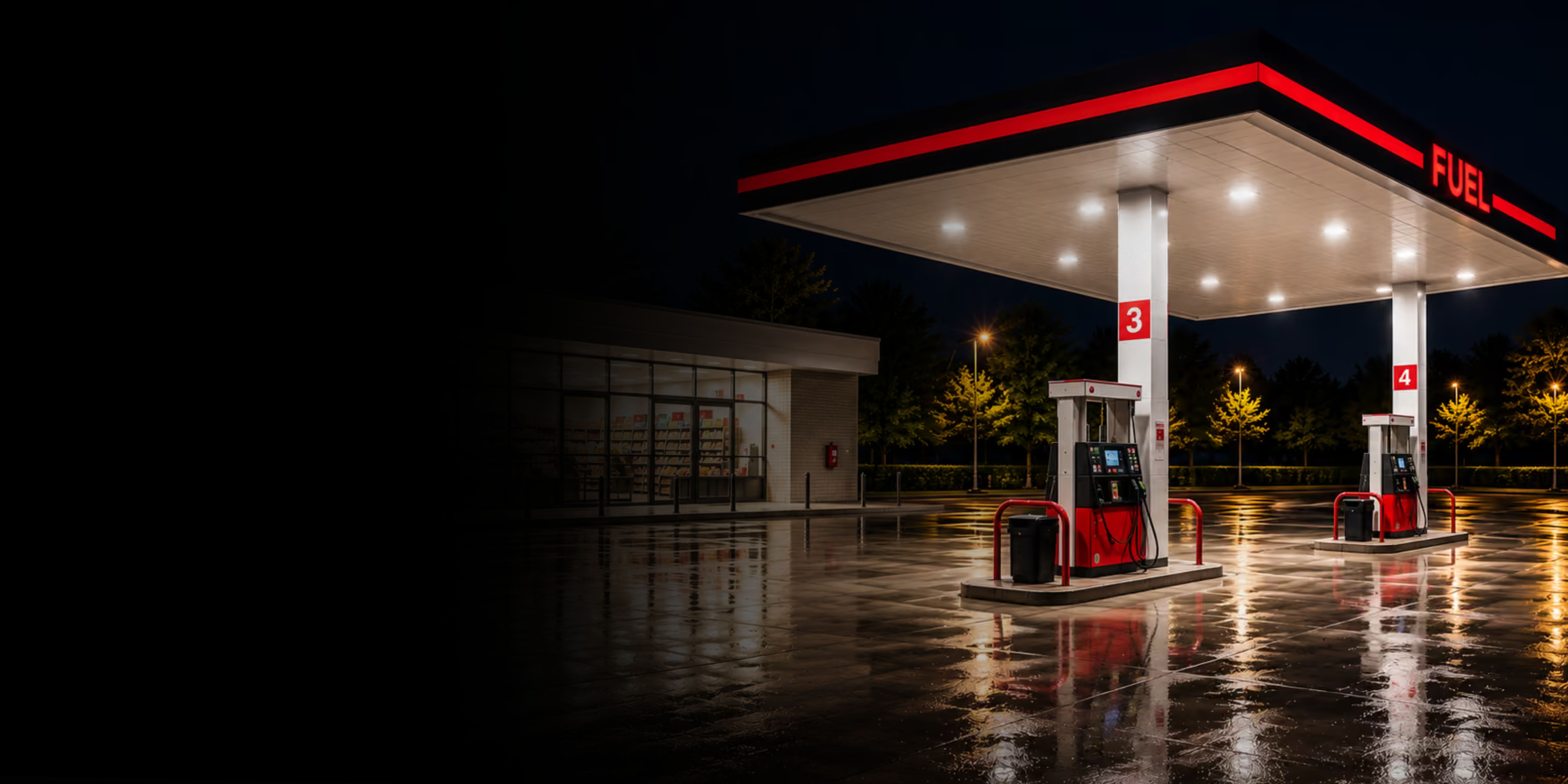 Forecourt with bright lights 