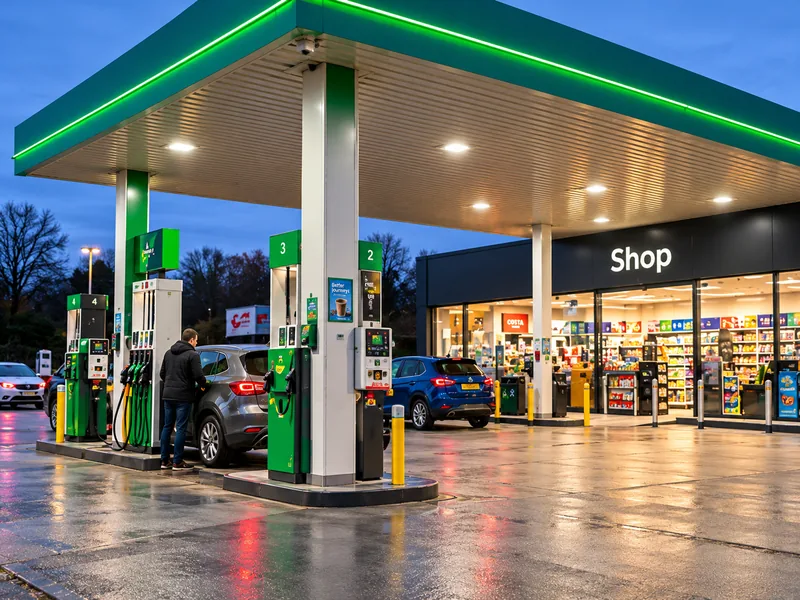 Fuel forecourt at dusk with pumps under a lit canopy and the shop beside it