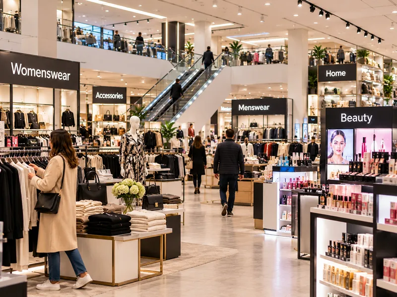Department store floor with womenswear, menswear, beauty and home departments
