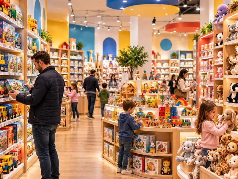 Families browsing shelves of toys and soft toys in a specialist toy store