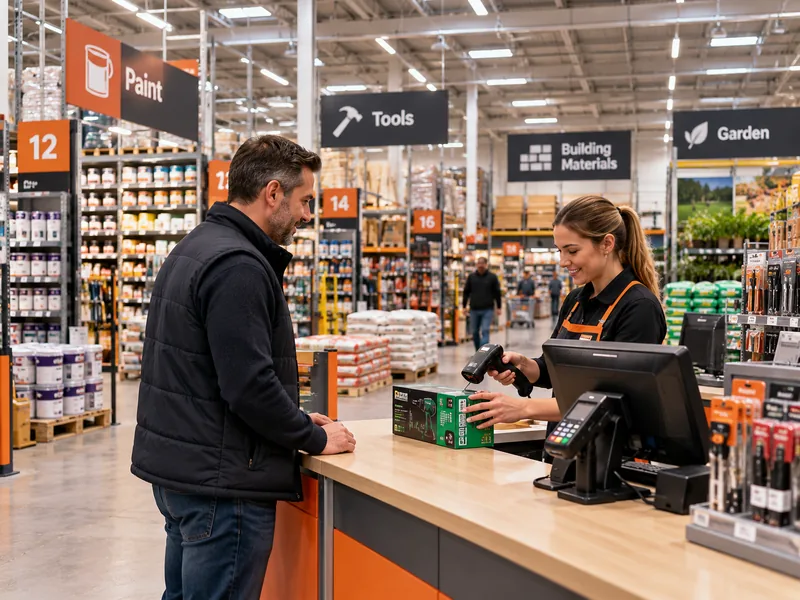 Assistant scanning a power tool at a DIY store till with paint and building materials aisles behind