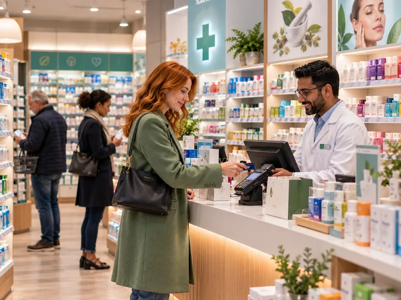 Customer paying by card at a pharmacy counter served by a pharmacist