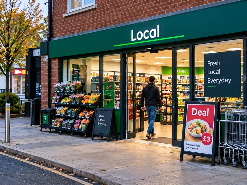 Neighbourhood convenience store front with fresh produce outside and a shopper heading in