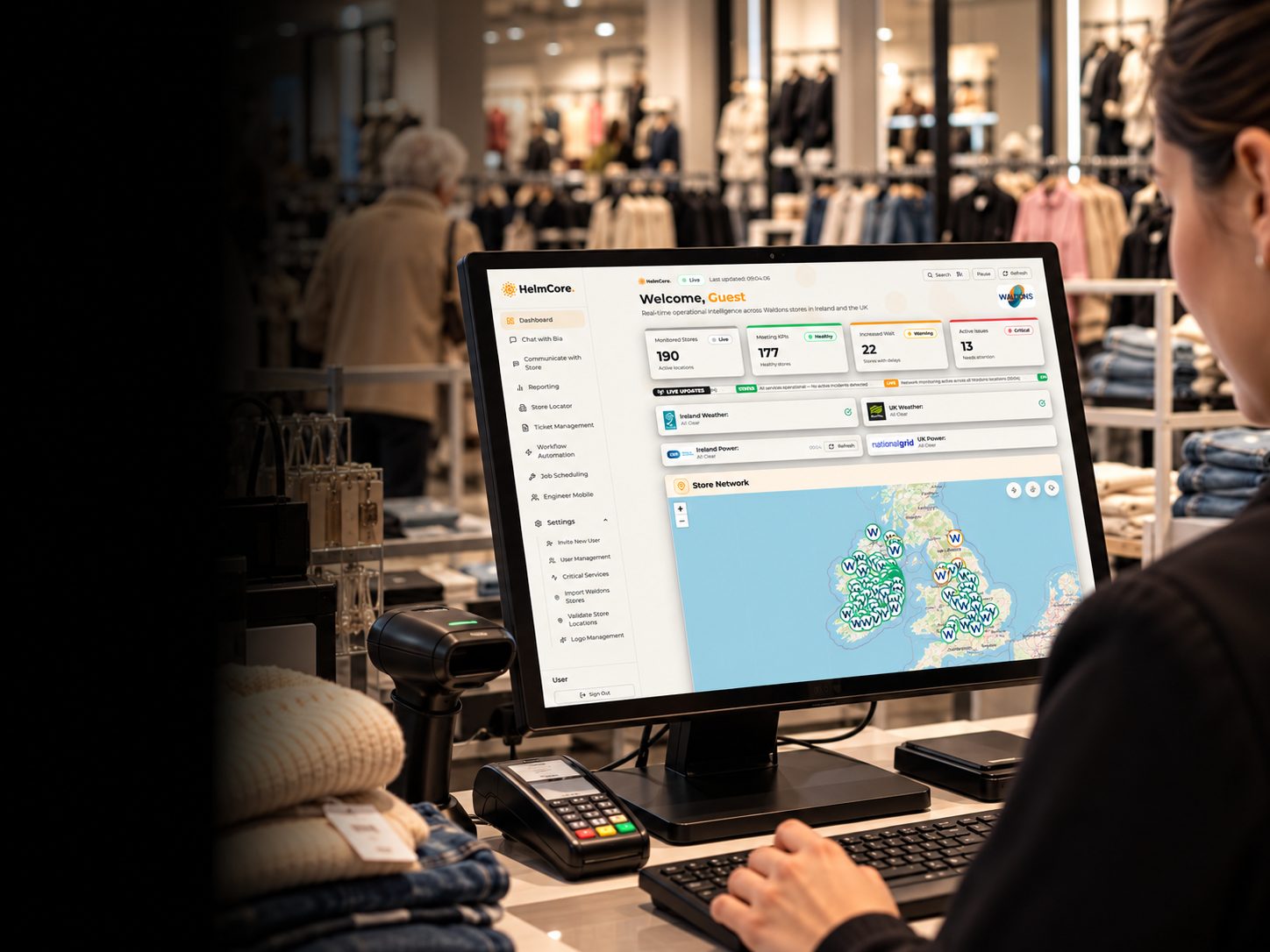 Computer showing shop operations on a computer screen in a clothing store