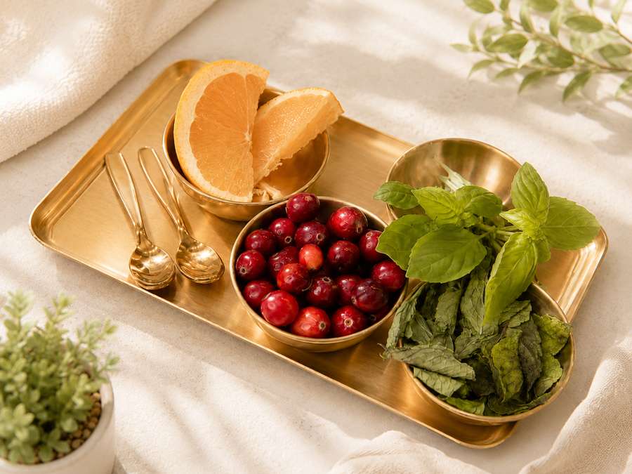 A gold tray with citrus, cranberries, fresh herbs, and gold utensils