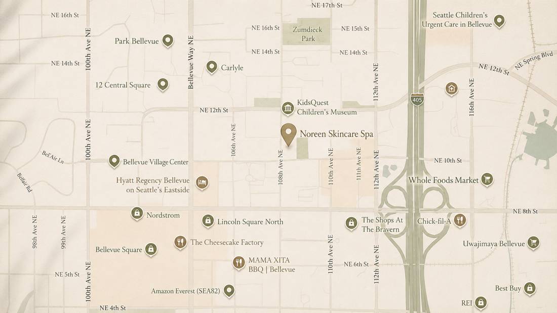 Stylized static map of Bellevue, WA showing Noreen Skincare Spa's location near NE 12th St and 108th Ave NE