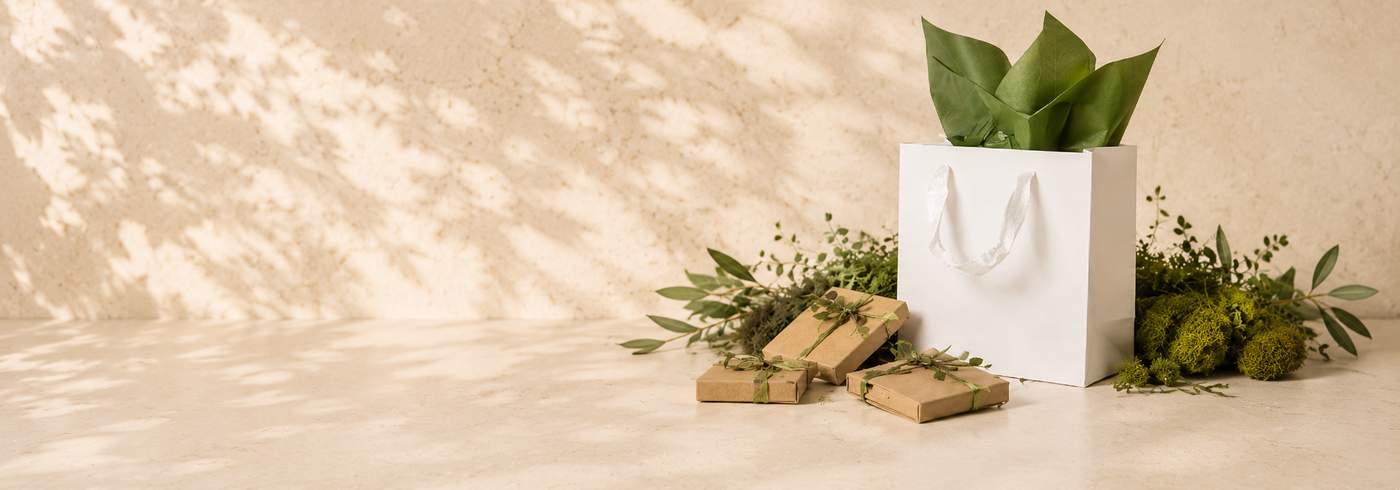 A white gift bag and wrapped kraft-paper gift boxes styled with moss and greenery in soft natural light