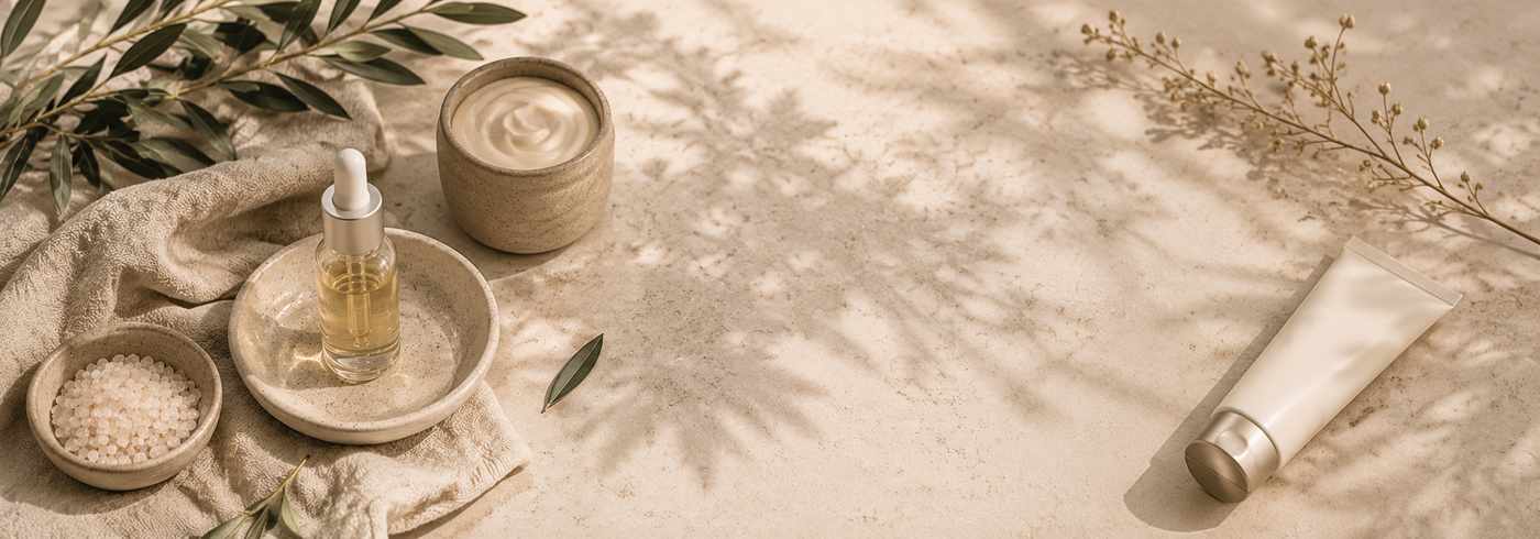 A calm skincare still life with a dropper serum bottle, a jar of moisturizer, a tube of cream, exfoliating beads, an olive branch, and dried botanicals