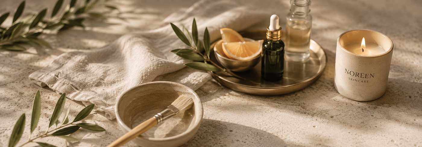 A calm skincare still life with a serum bottle, citrus, olive branch, and a lit Noreen Skincare candle