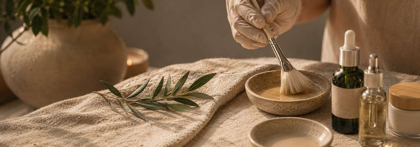 A gloved hand mixing an ingredient mask in a ceramic bowl beside serum bottles, a towel, and an olive branch