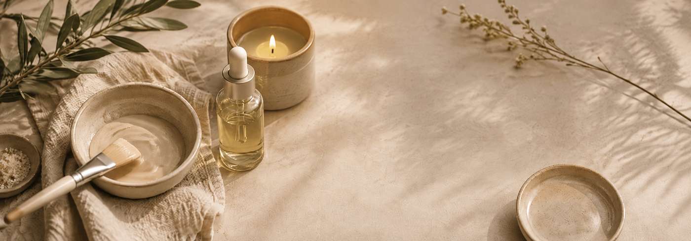 A calm treatment still life with a serum bottle, lit candle, application brush and mask, and an olive branch