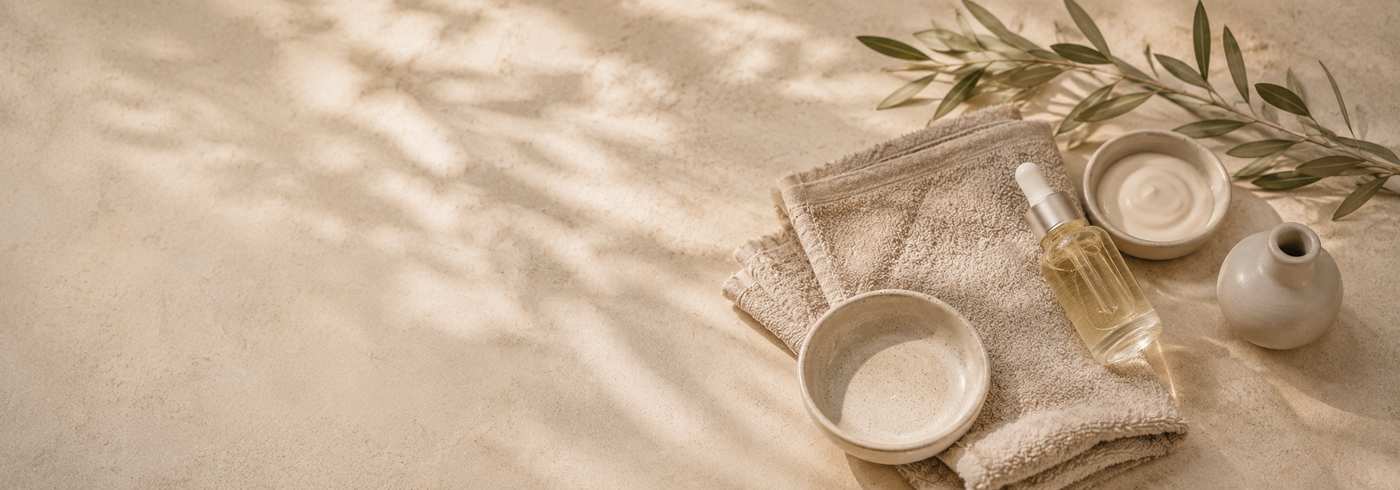 A calm skincare still life with a dropper serum bottle, a bowl of moisturizer, a folded towel, a small ceramic vase, and an olive branch