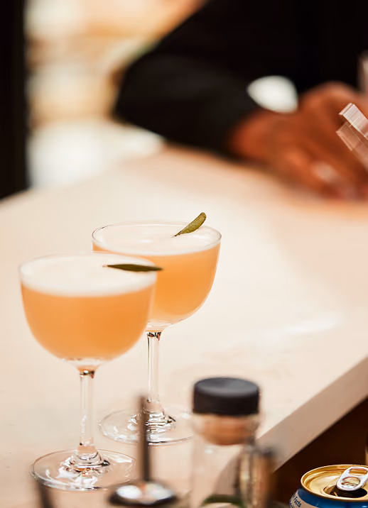 Two coupe glasses filled with a peach-colored cocktail, each garnished with a small green leaf, placed on a light-colored bar counter with a blurred background of a person and bar items.