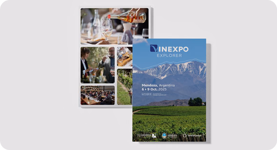 Promotional material for Vinexpo Explorer event in Mendoza, Argentina, scheduled for October 6-9, 2025, showing vineyard landscape and people enjoying wine tasting.