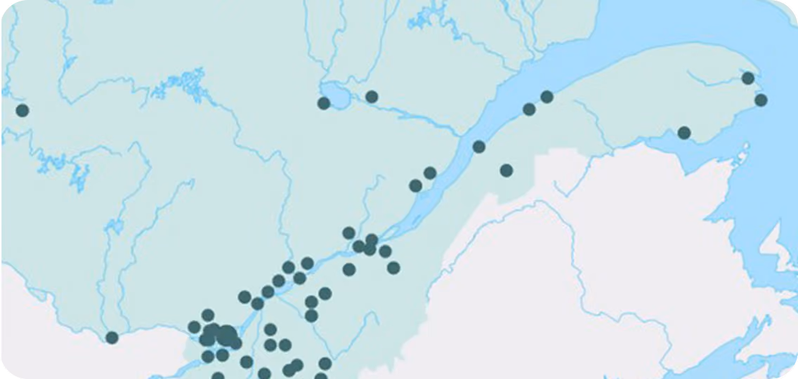 A map showing locations marked with black dots concentrated around the St. Lawrence River region in eastern Canada, including areas of Quebec and nearby regions.