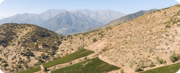 Hilly landscape with dry, brown vegetation and a green cultivated field at the base, with a range of mountains in the hazy background under a clear sky.