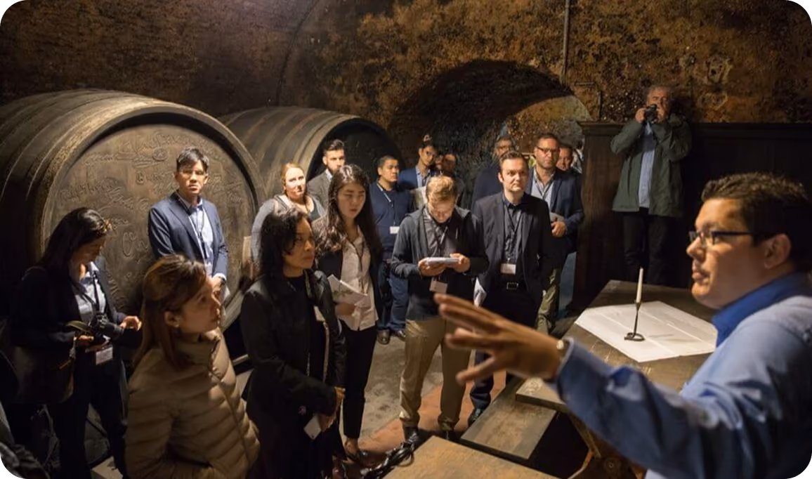 A group of people standing in a dimly lit wine cellar with large wooden barrels along the wall, listening to a man in glasses and a blue shirt speaking and gesturing with his hand.