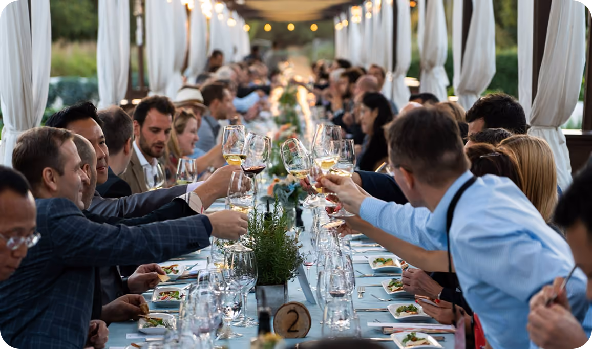 Long dining table set outdoors under a covered structure with white curtains and string lights, filled with people raising wine glasses in a toast during a social dinner event.