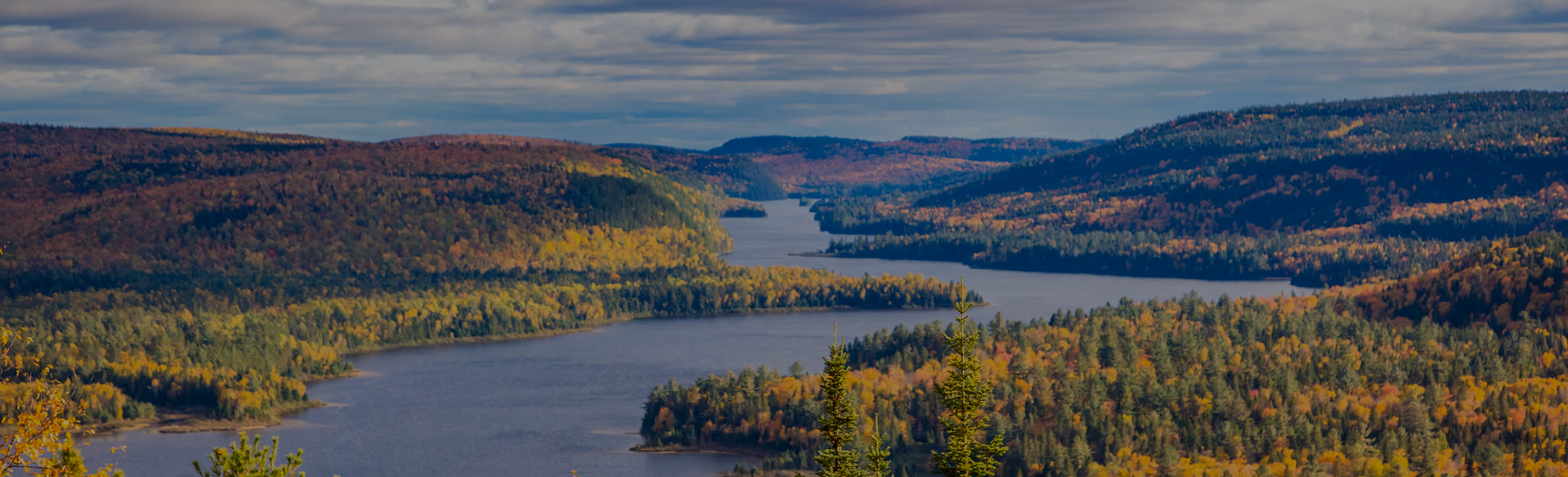 Panoramic view of a lake winding through forested hills with autumn foliage under a cloudy sky.