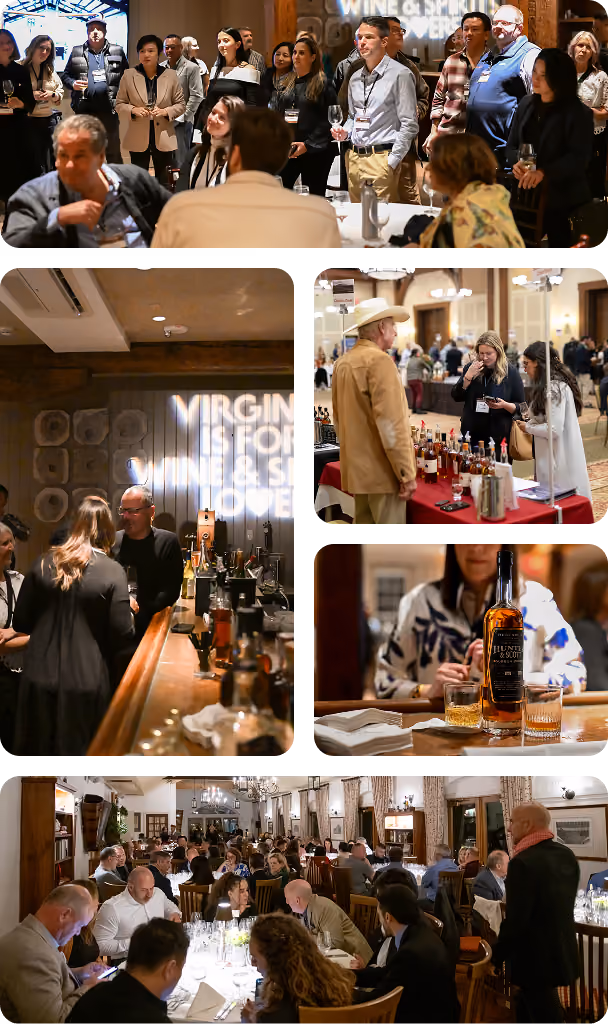 Collage of images showing a wine and spirits event with a group of people standing and listening, attendees tasting and buying drinks at a vendor booth, a well-stocked bar with a neon sign reading 'VIRGIN IS FOR WINE & SPIRITS OPEN', a close-up of a bottle of Hunter's Spirit whiskey on a table with glasses, and a crowded dining area where guests are seated and engaged in conversation.