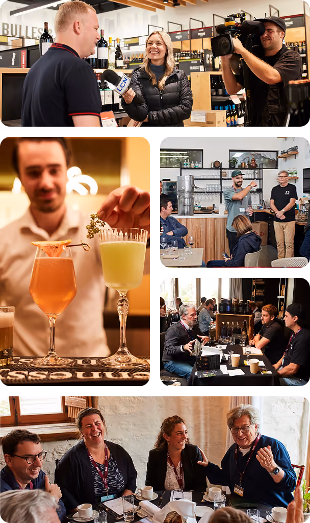 Collage showing various social and professional scenes: a woman interviewing a man with a cameraman recording; a bartender garnishing two cocktails; a small group listening to a man speaking in a modern cafe; people engaged in discussion around a table; and four individuals smiling and chatting over coffee in a bright room.