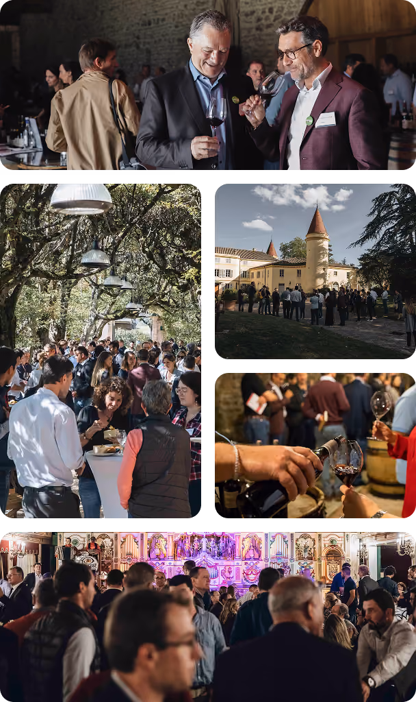 Collage of five photos showing a wine tasting event: two men in suits smiling and holding wine glasses; outdoor gathering with people under trees and hanging lights; group of people outside near a castle with tower; close-up of a hand pouring red wine into a glass; and a crowded indoor venue with decorated walls and attendees engaged in conversation.