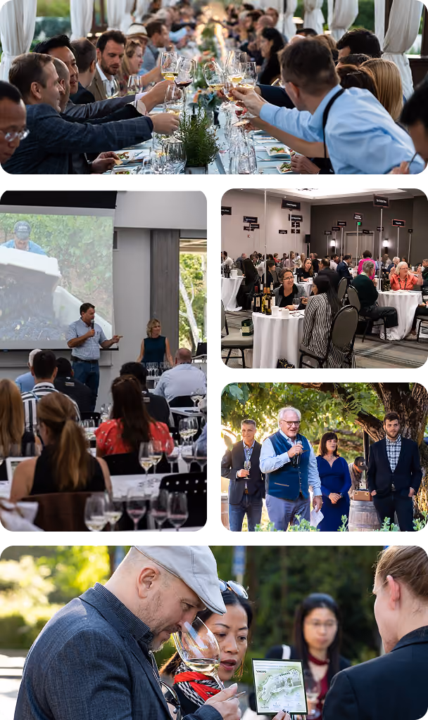 Collage of six images showing various group events: people gathered at a long dining table raising wine glasses in a toast; a man and woman speaking to an audience in a conference room; people seated at round banquet tables during a formal gathering; a group of speakers standing outdoors under a tree; and close-up of two individuals smelling and examining wine with others in the background.