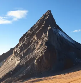 Jagged mountain peak with rocky slopes under a blue sky with scattered clouds.