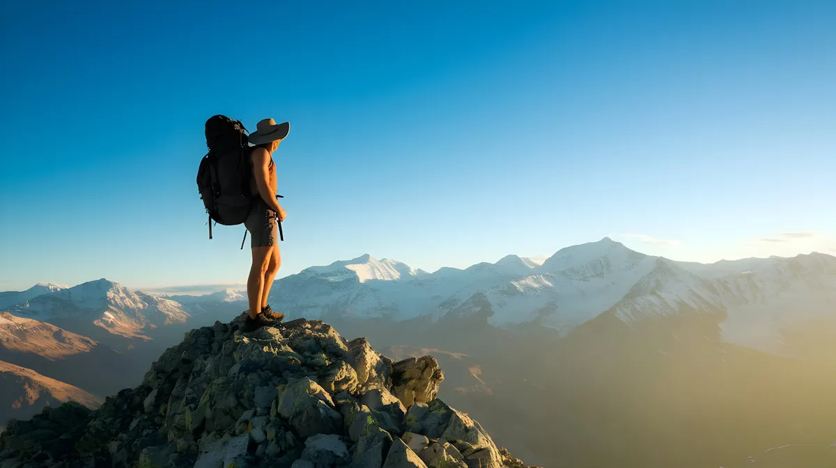 Hiker wearing shorts and a hat with a large backpack stands on rocky peak overlooking snowy mountains.