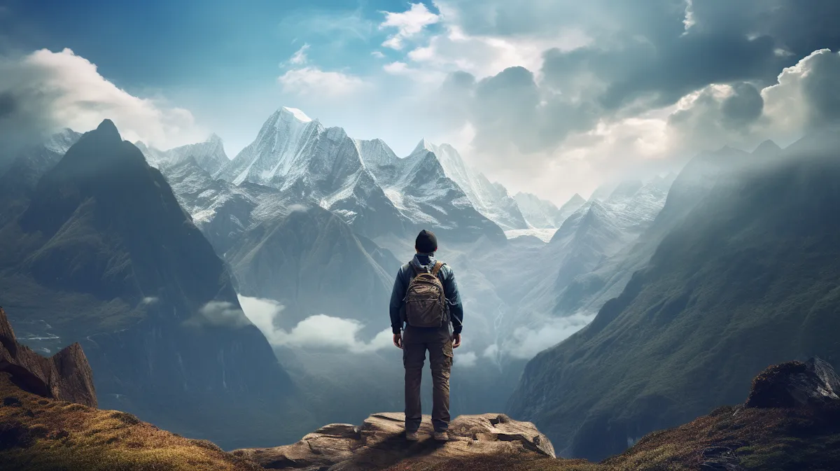 Person wearing backpack standing on rock, facing snow-capped mountains under a cloudy sky.