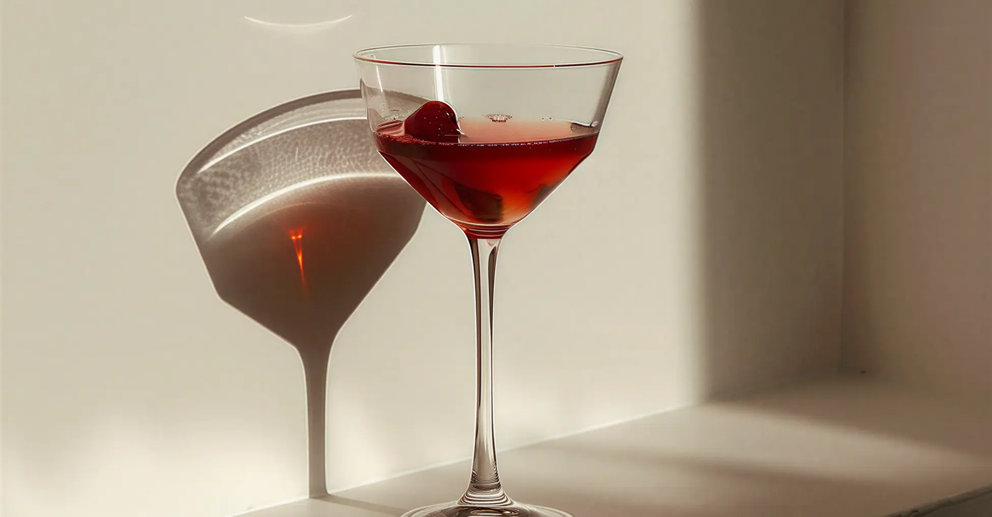 Elegant cocktail glass filled with a red beverage and a single cherry inside, casting a distinct shadow on the light background.