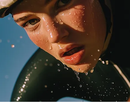Close-up of a person wearing a black wetsuit and swim cap, water droplets on their face and lips slightly parted against a blue background.