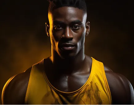 Portrait of a muscular young man with a serious expression wearing a yellow tank top against a dark background with subtle warm lighting.