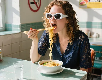 Young woman with curly hair wearing white sunglasses and a navy blue lace top eating noodles with chopsticks at a restaurant table with a glass of water nearby.