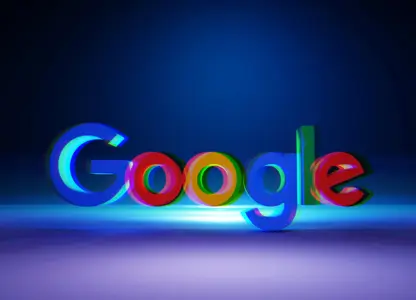 Google logo in 3D lettering on a blue background