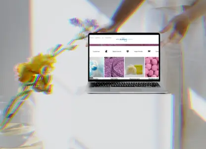 Laptop on a desk showing an online store's product pages